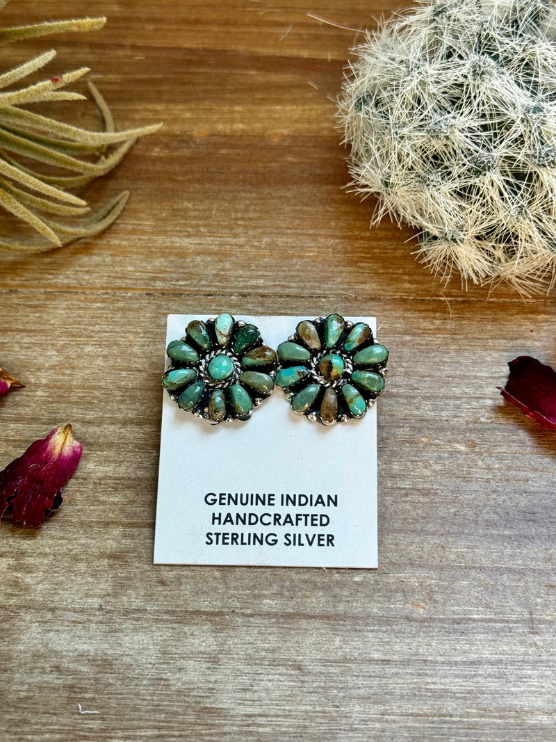 Green turquoise flower stud earrings