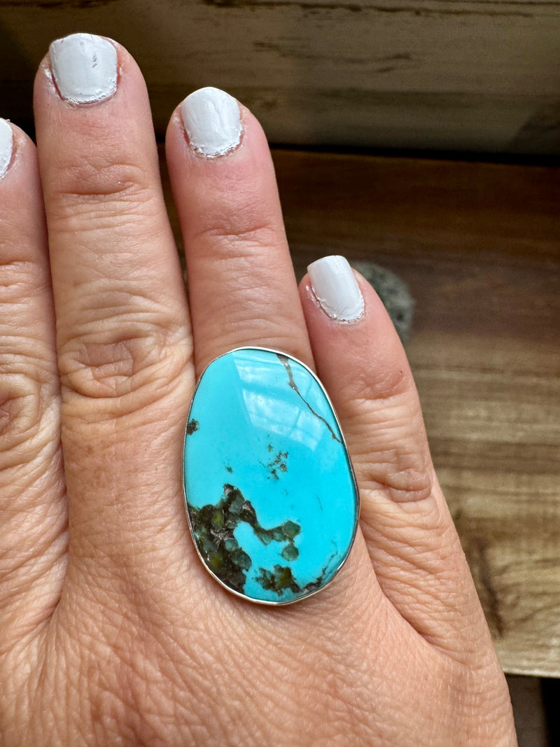 Oval Ring- adjustable- Kingman turquoise ring and sterling silver