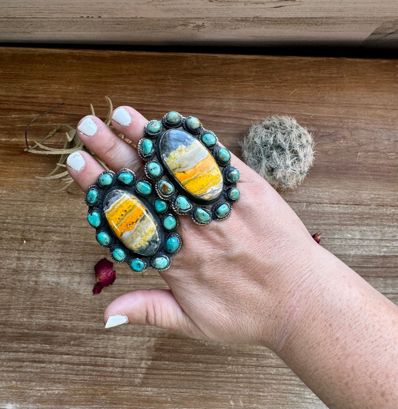 Big oval Ring - adjustable- brass silver with bumblebee jasper and turquoise