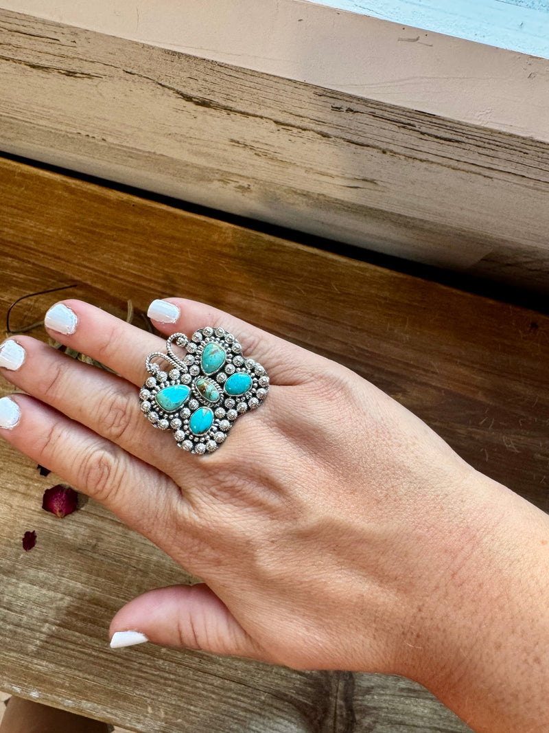 Butterfly ring- adjustable - Kingman turquoise ring and sterling silver