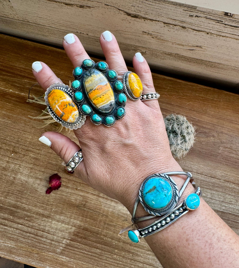 Big oval Ring - adjustable- brass silver with bumblebee jasper and turquoise