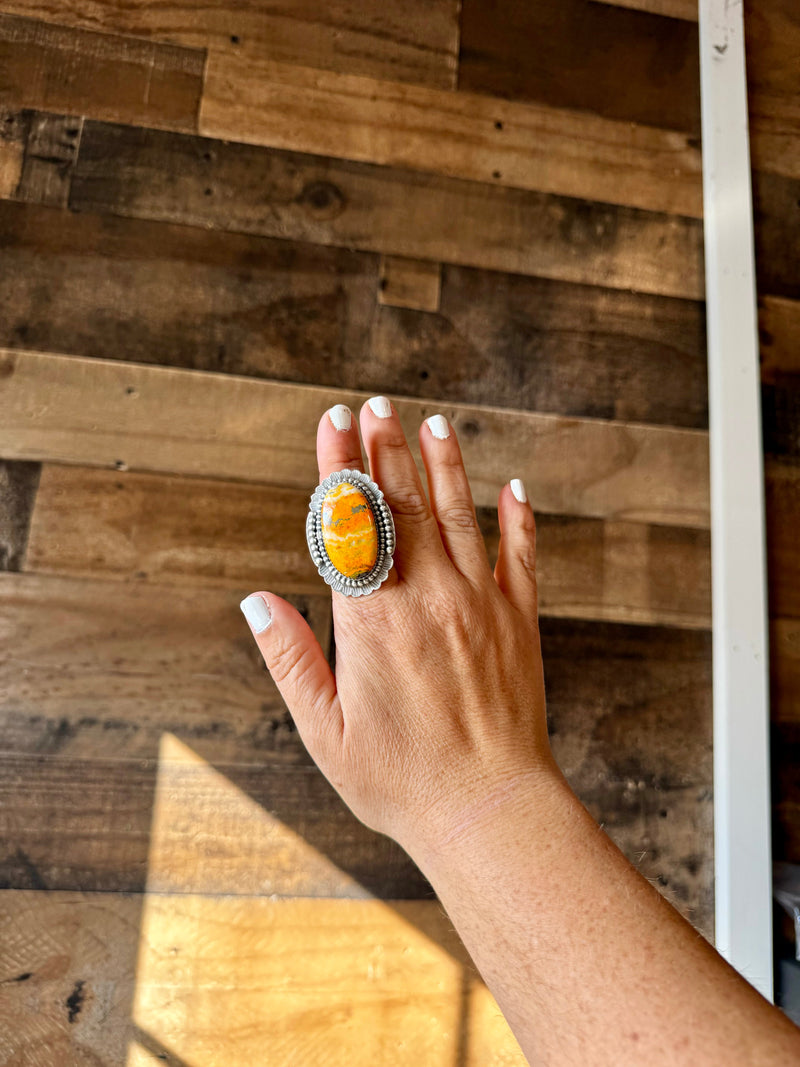 Big oval Ring - adjustable- sterling silver with bumblebee jasper