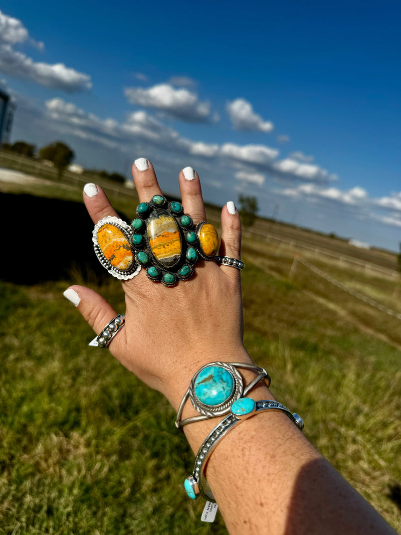 Big oval Ring - adjustable- brass silver with bumblebee jasper and turquoise