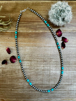 23 Inch 6 mm Sterling Silver Pearls necklace with turquoise rondelle - Blue