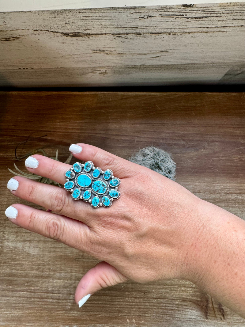 Long Ring- adjustable - Kingman turquoise ring and sterling silver