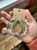 Big turquoise hoops earrings with sterling silver pearls