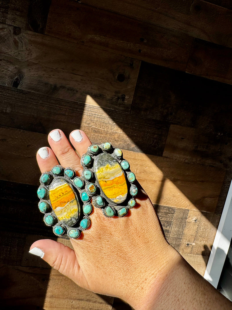 Big oval Ring - adjustable- brass silver with bumblebee jasper and turquoise