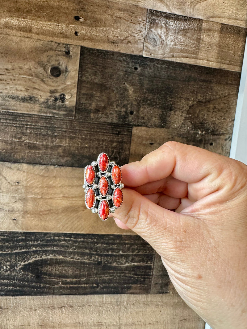 Cluster - size 7 - red spiny and sterling silver