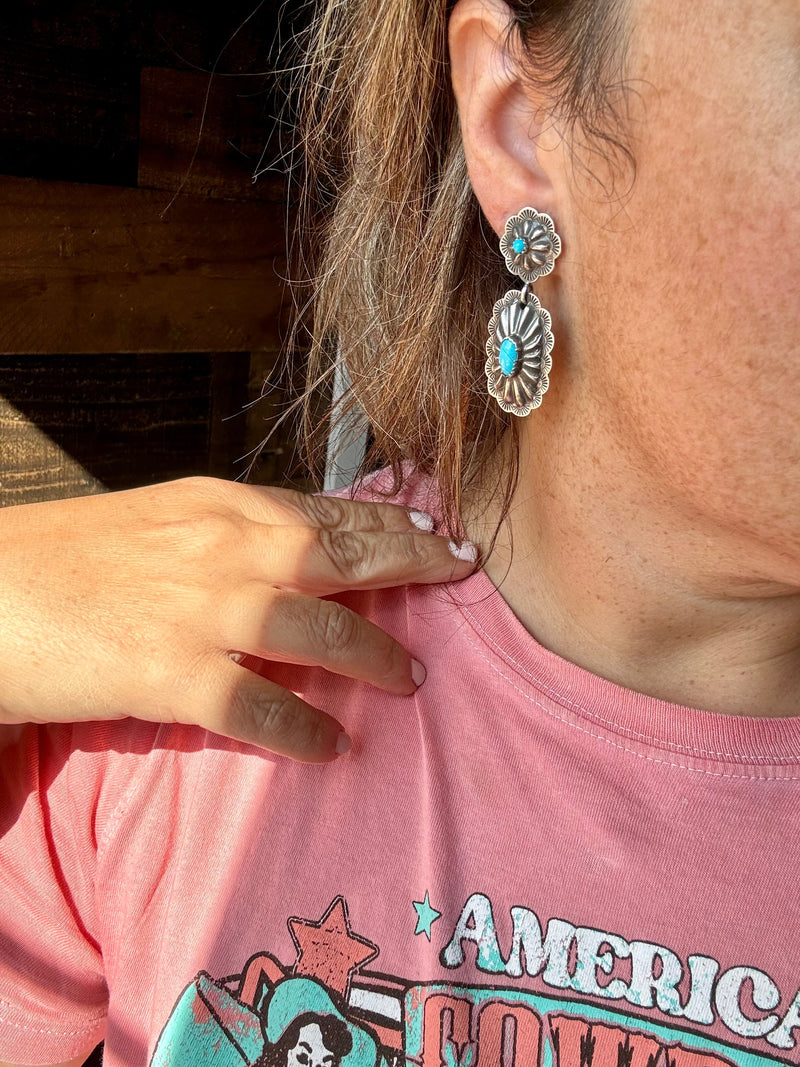 Long Sterling silver stud earrings and dangle with turquoise