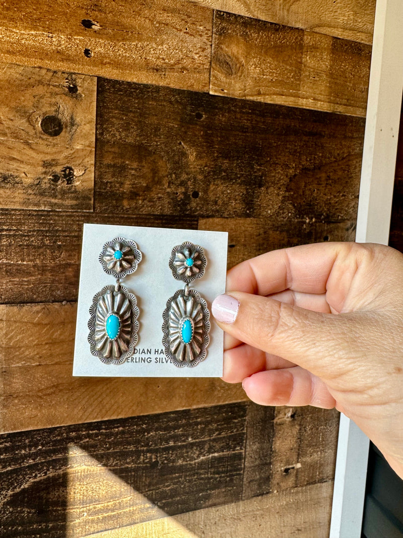 Long Sterling silver stud earrings and dangle with turquoise