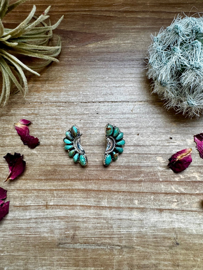 Half Green turquoise flower stud earrings