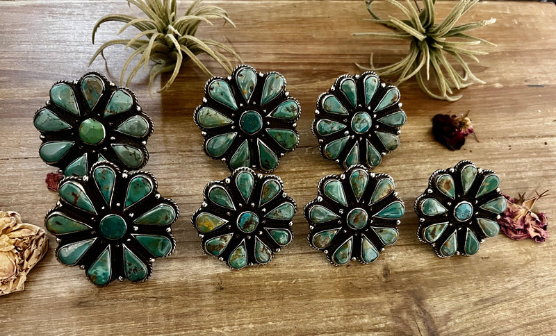 BIG Green flowers turquoise rings