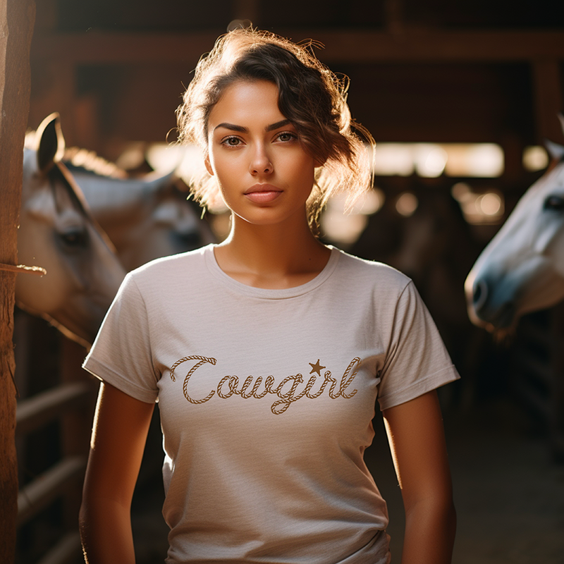 Cowgirl in Rope Graphic Tee Shirt for Country Girls- Bourbon Cowgirl