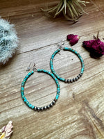 Big turquoise hoops earrings with sterling silver pearls