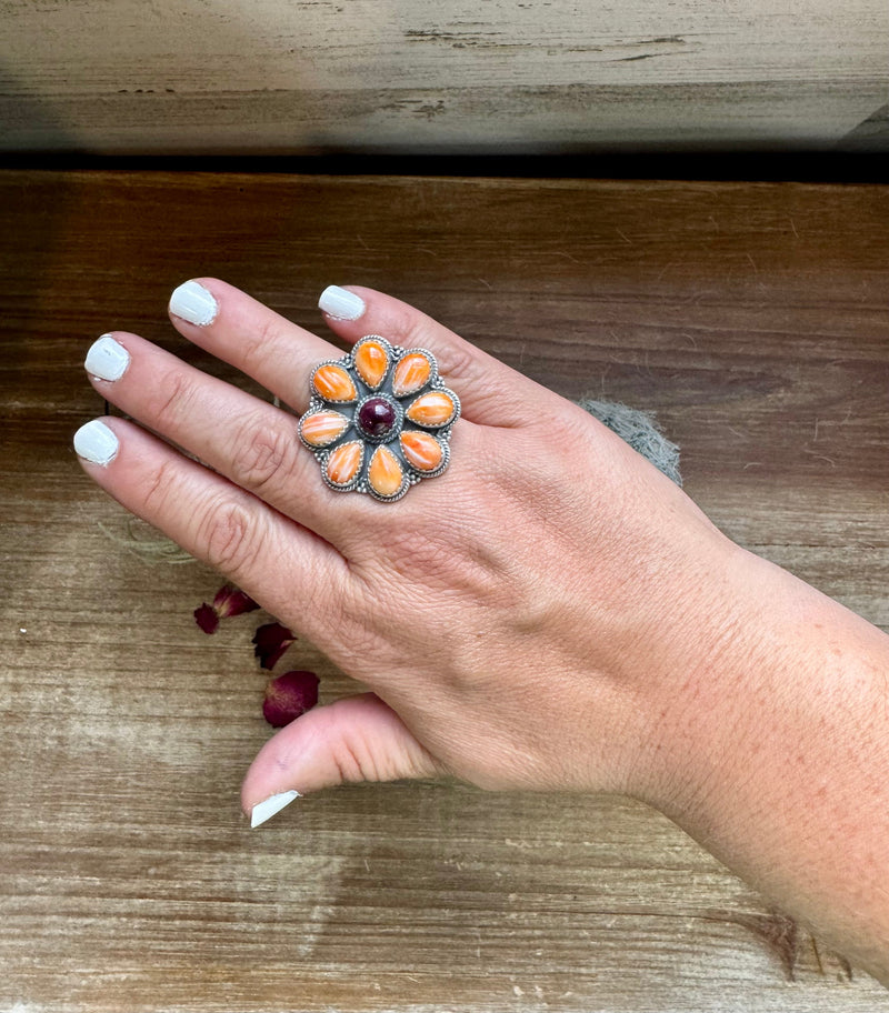 Cluster - Adjustable - orange and purple spiny and sterling silver