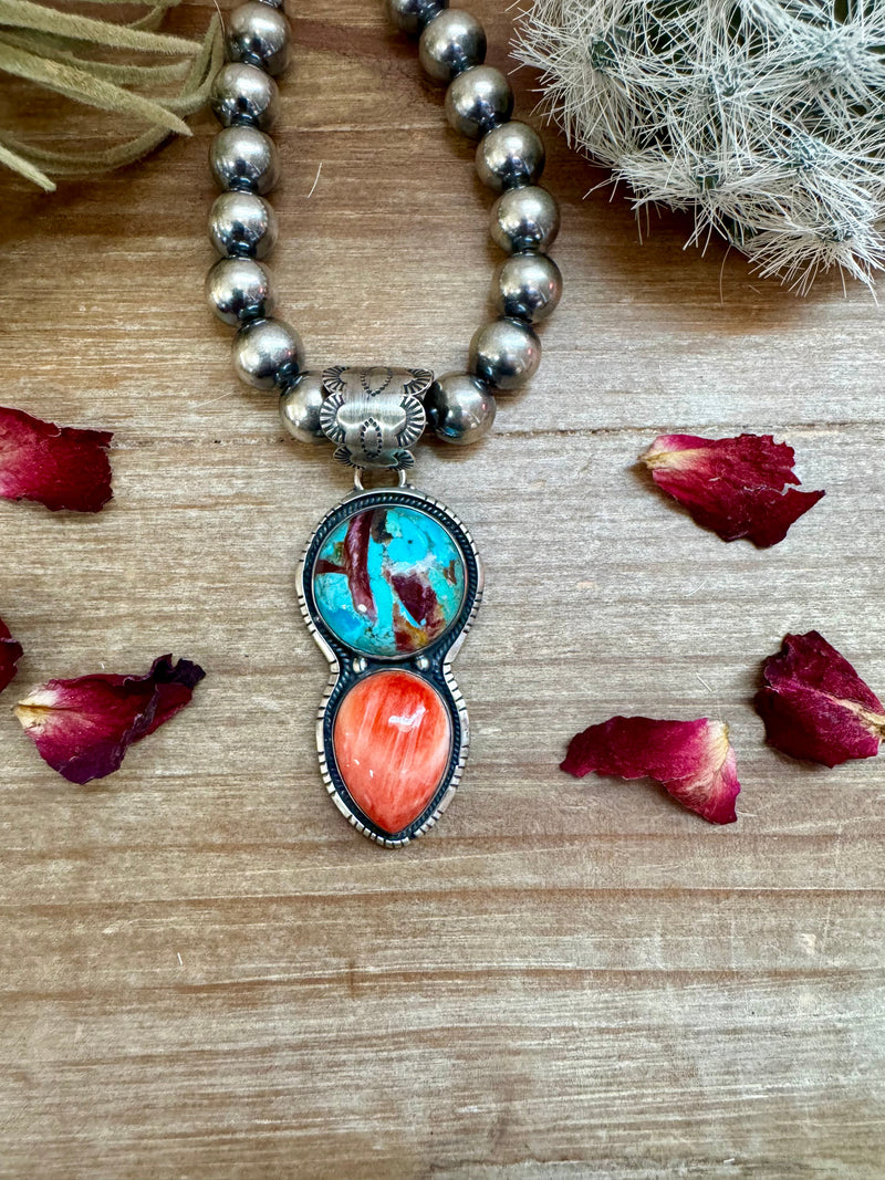 Pendant - sterling silver with orange spiny and turquoise