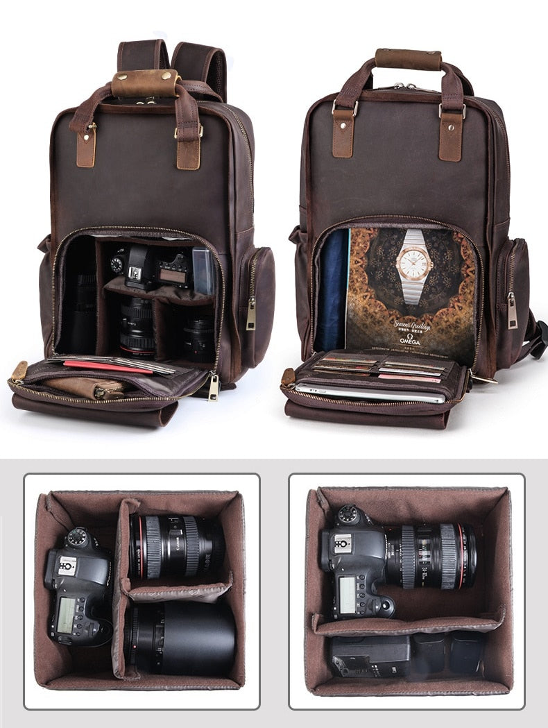 The Gaetano | Large Leather Backpack Camera Bag with Tripod Holder