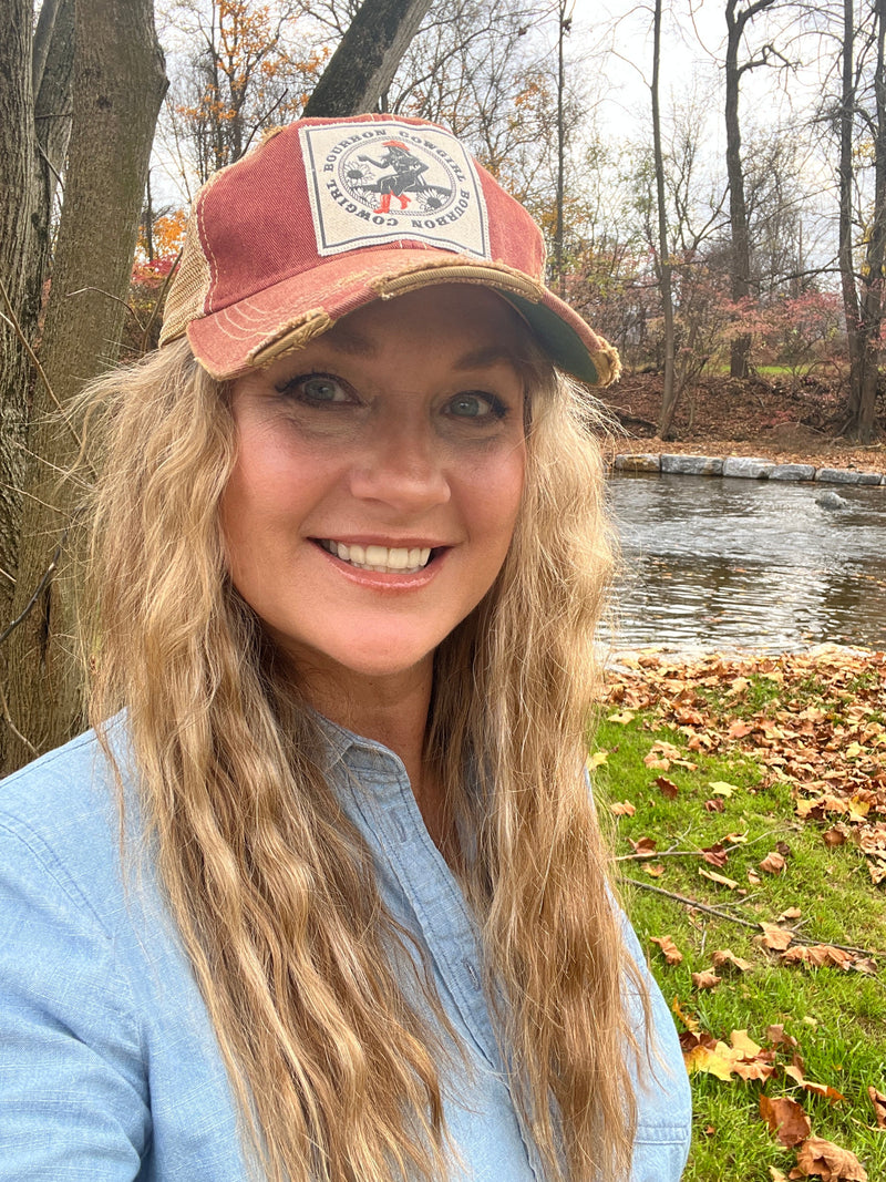 Bourbon Cowgirl Distressed Red Snap Back Trucker Hat