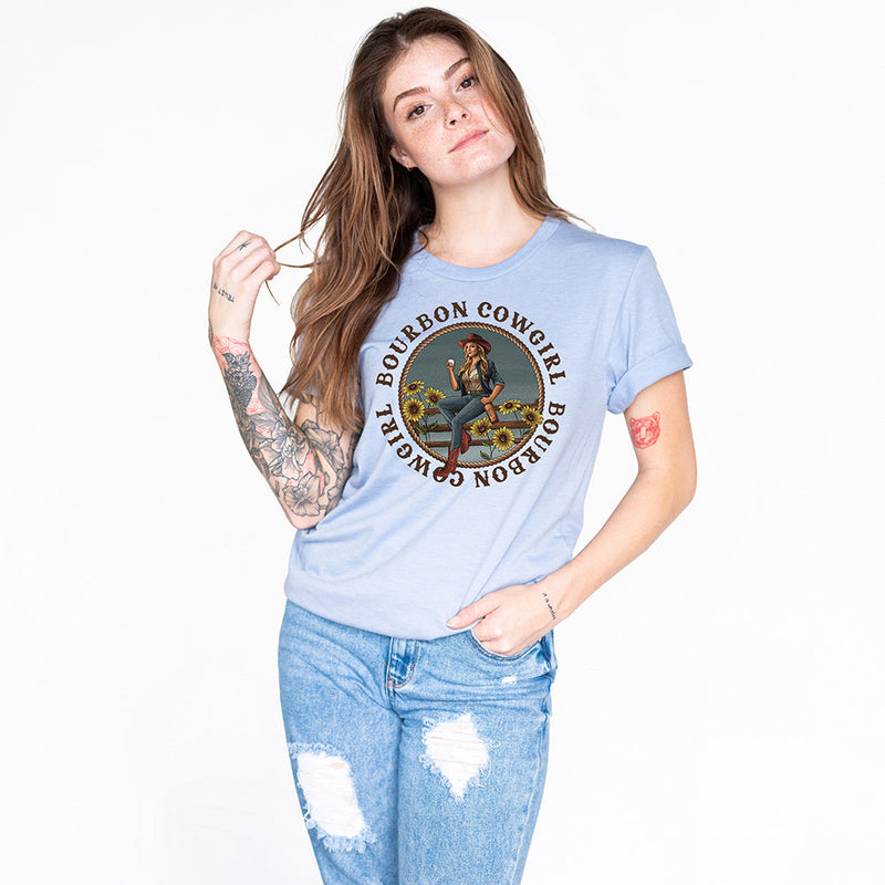 Bourbon Cowgirl Logo Heather Blue Tee Shirt - Bourbon Cowgirl