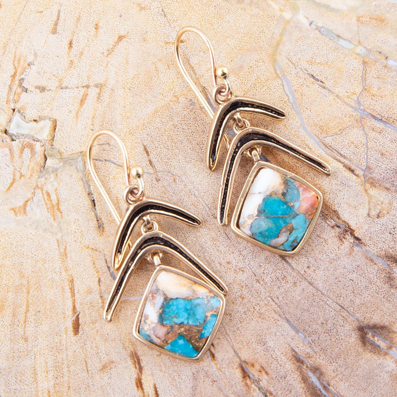 Arrows Blue Turquoise and Spiny Oyster Matrix Golden Drop Earrings