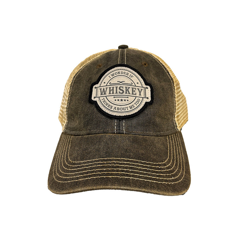 I Wonder if Whiskey Thinks About Me Too Distressed Snap Back Trucker Hat